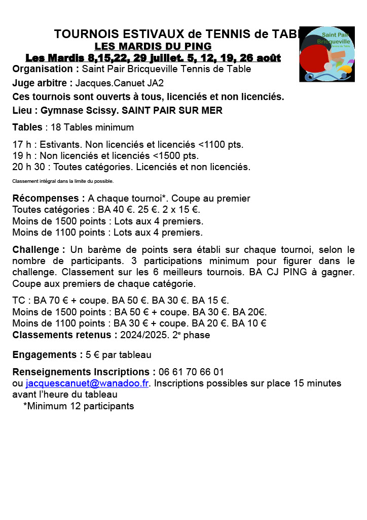 Tournois estivaux TT mardi du Ping
